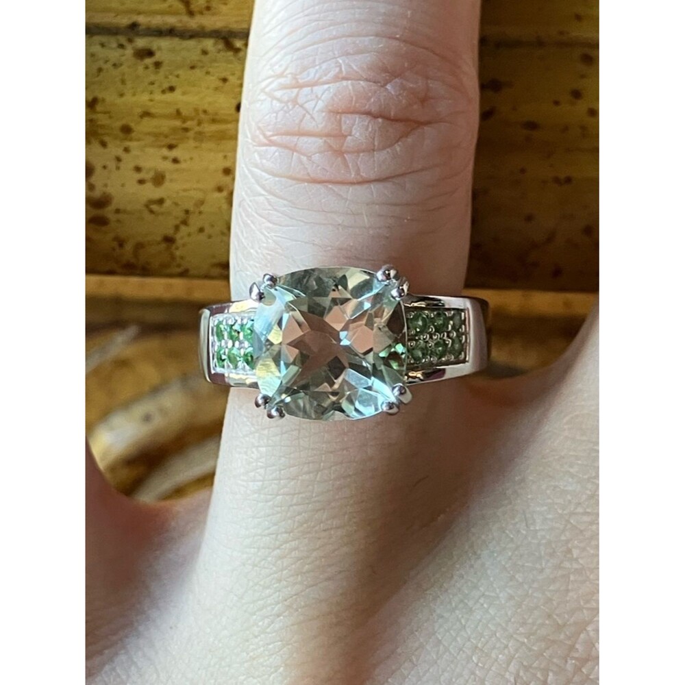Sterling Silver Ring with Pale Green Center Stone and Green Accents